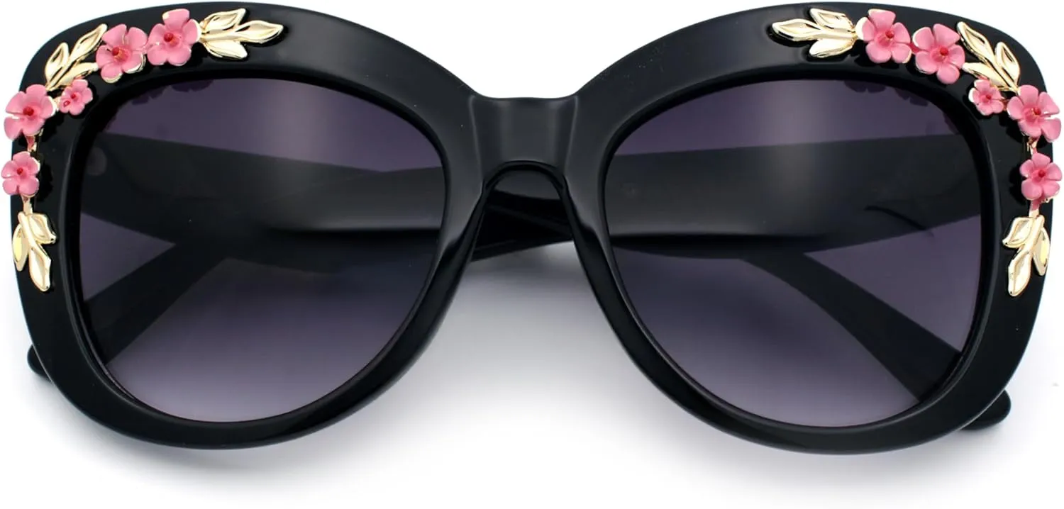 SA106 Womens Metal Flower Foliage Jewel Brow Trim Oversize Cat Eye Sunglasses