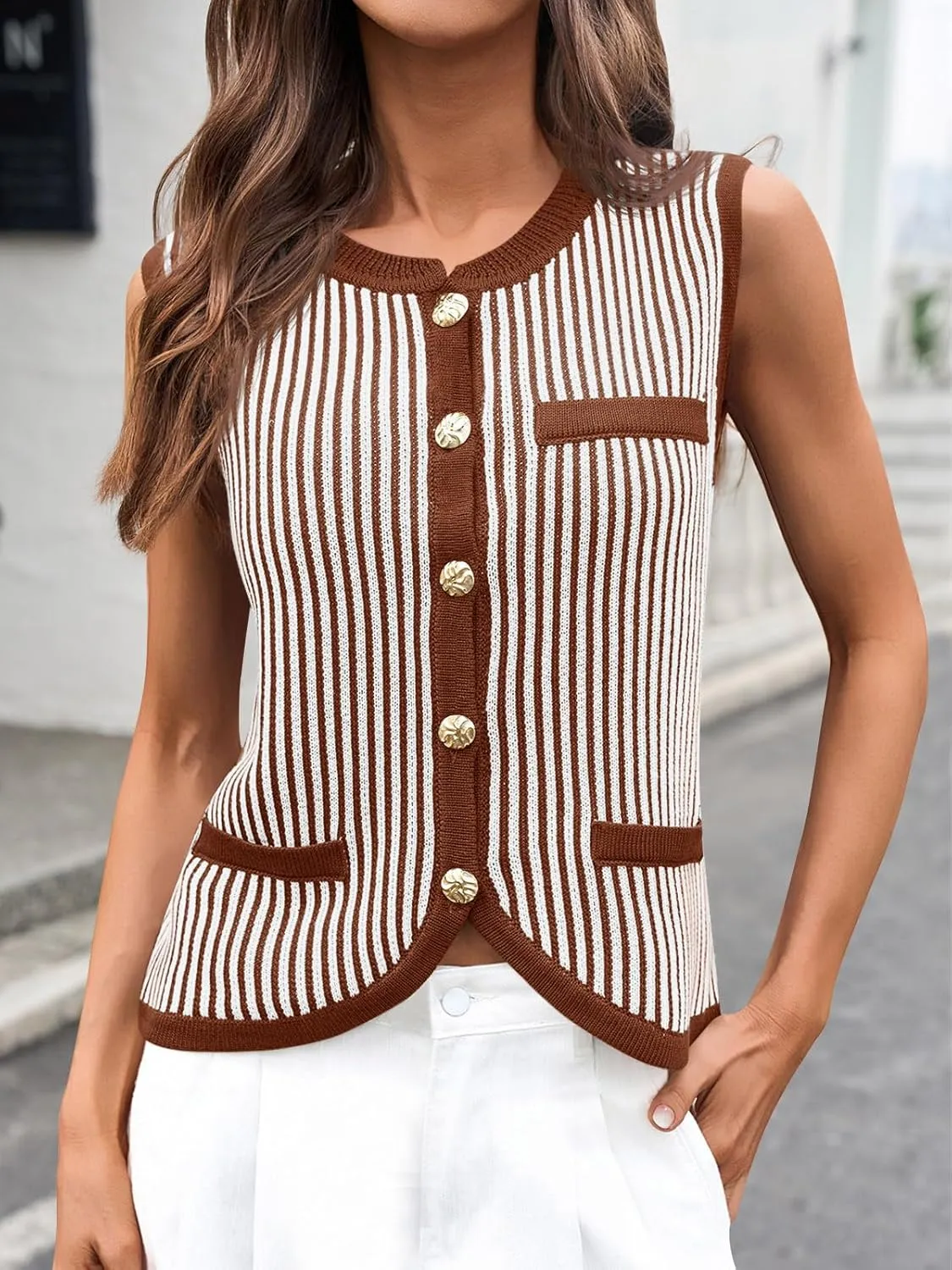 Saodimallsu Womens Striped Sweater Vest Sleeveless Button Down Trendy Color Block Crewneck Crop Knit Tank Tops