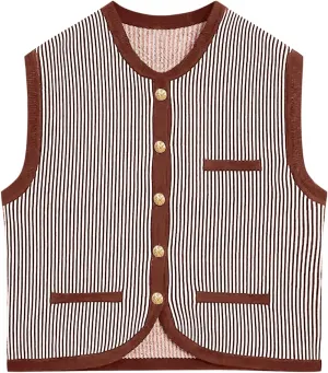 Saodimallsu Womens Striped Sweater Vest Sleeveless Button Down Trendy Color Block Crewneck Crop Knit Tank Tops