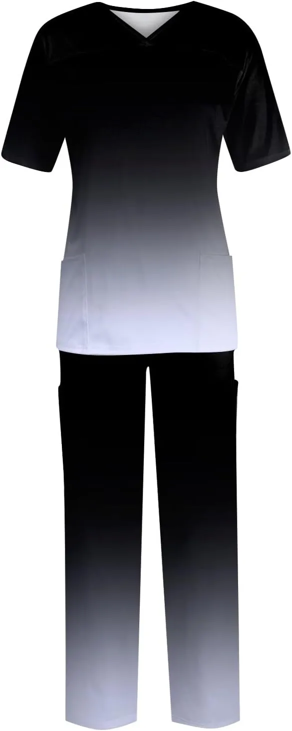 Scrubs Set for Women Nurse Uniform Jogger Suit Stretch Top & Pants with Multi Pocket for Nurse Gradient Workwear