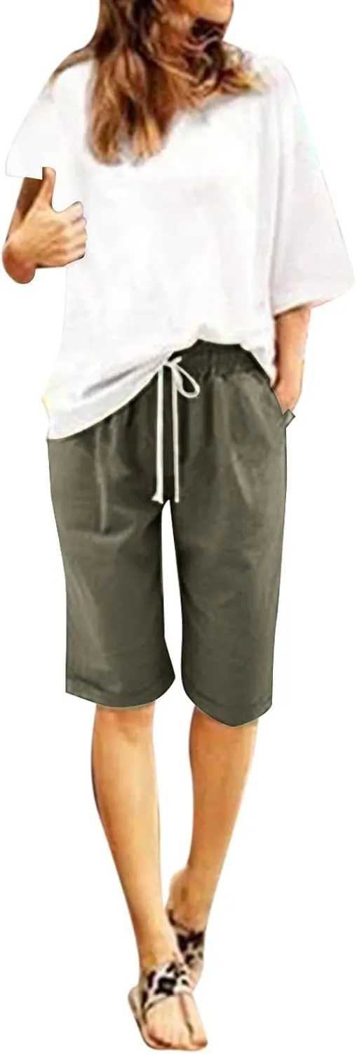 sdbrld Bermuda Shorts for Women,Womens Elastic Waist Knee Length Summer Casual Cotton Athletic Bermuda Shorts with Drawstring