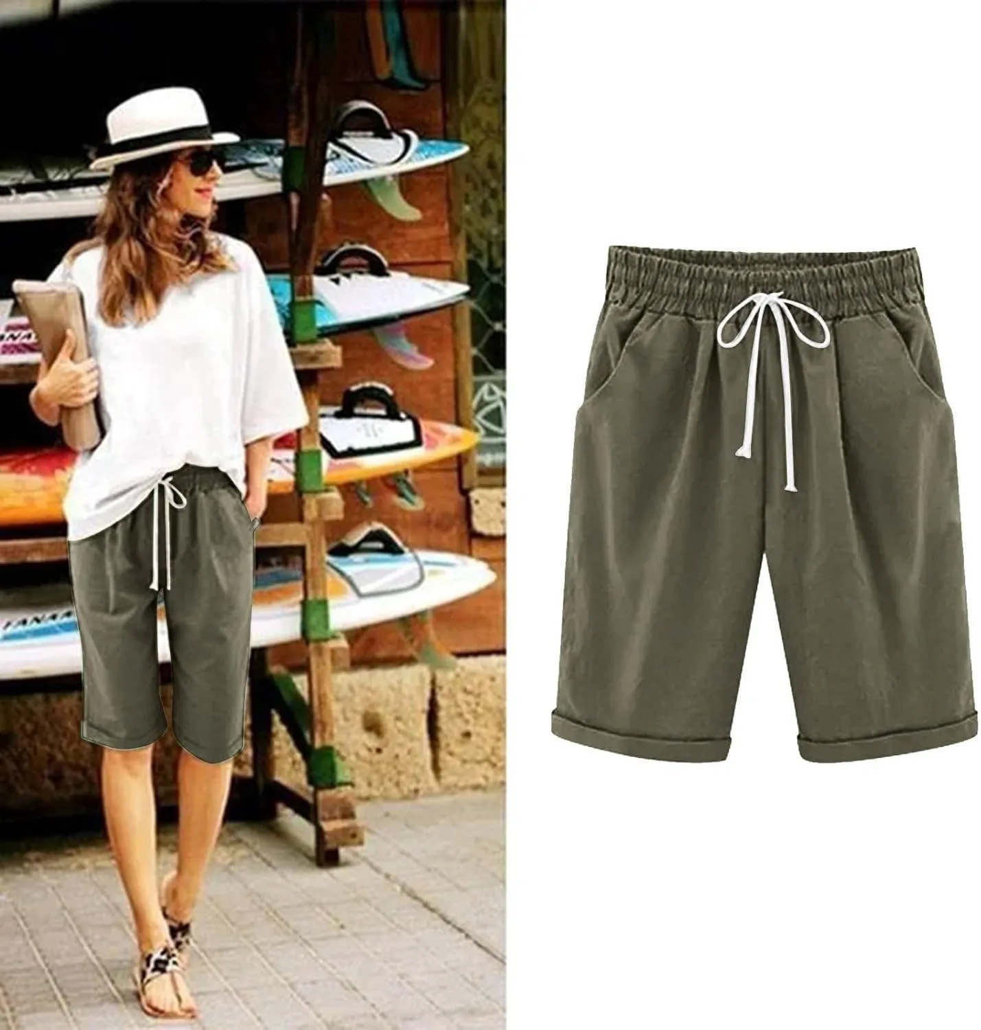sdbrld Bermuda Shorts for Women,Womens Elastic Waist Knee Length Summer Casual Cotton Athletic Bermuda Shorts with Drawstring