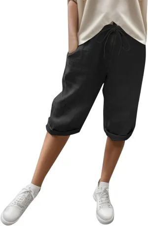 sdbrld Linen Shorts for Women Pull On Knee-Length Bermuda Shorts Plus Size Drawstring Casual Summer High Waisted Shorts 2024