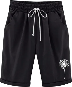 sdbrld Shorts for Women Denim High Waisted Shorts Women Cotton Women's Plus Size Casual Elastic Waist Knee-Length Curling Bermuda Shorts