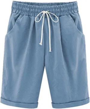 sdbrld Womens Shorts for Summer Knee-Length Casual Bermuda Shorts Walking Hiking Shorts Women with Elastic Waist Drawstring