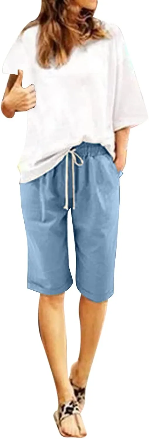 sdbrld Womens Shorts for Summer Knee-Length Casual Bermuda Shorts Walking Hiking Shorts Women with Elastic Waist Drawstring