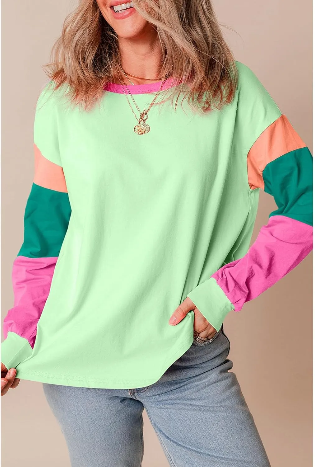 SELINK Womens Long Sleeve T Shirts Loose Fit Casual Fall Tops Trendy Colorblock Oversized Tshirts