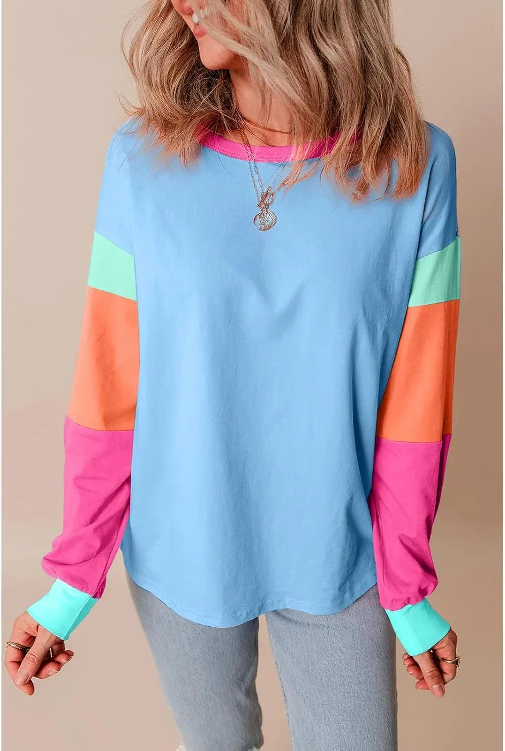 SELINK Womens Long Sleeve T Shirts Loose Fit Casual Fall Tops Trendy Colorblock Oversized Tshirts