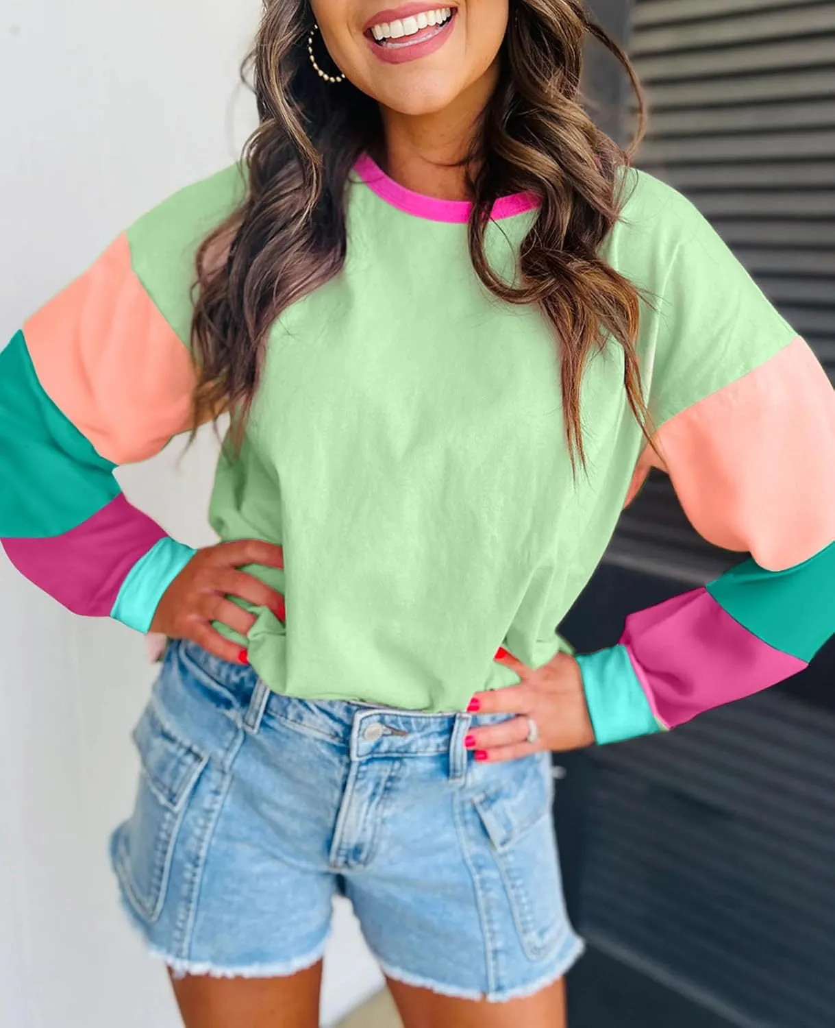 SELINK Womens Long Sleeve T Shirts Loose Fit Casual Fall Tops Trendy Colorblock Oversized Tshirts