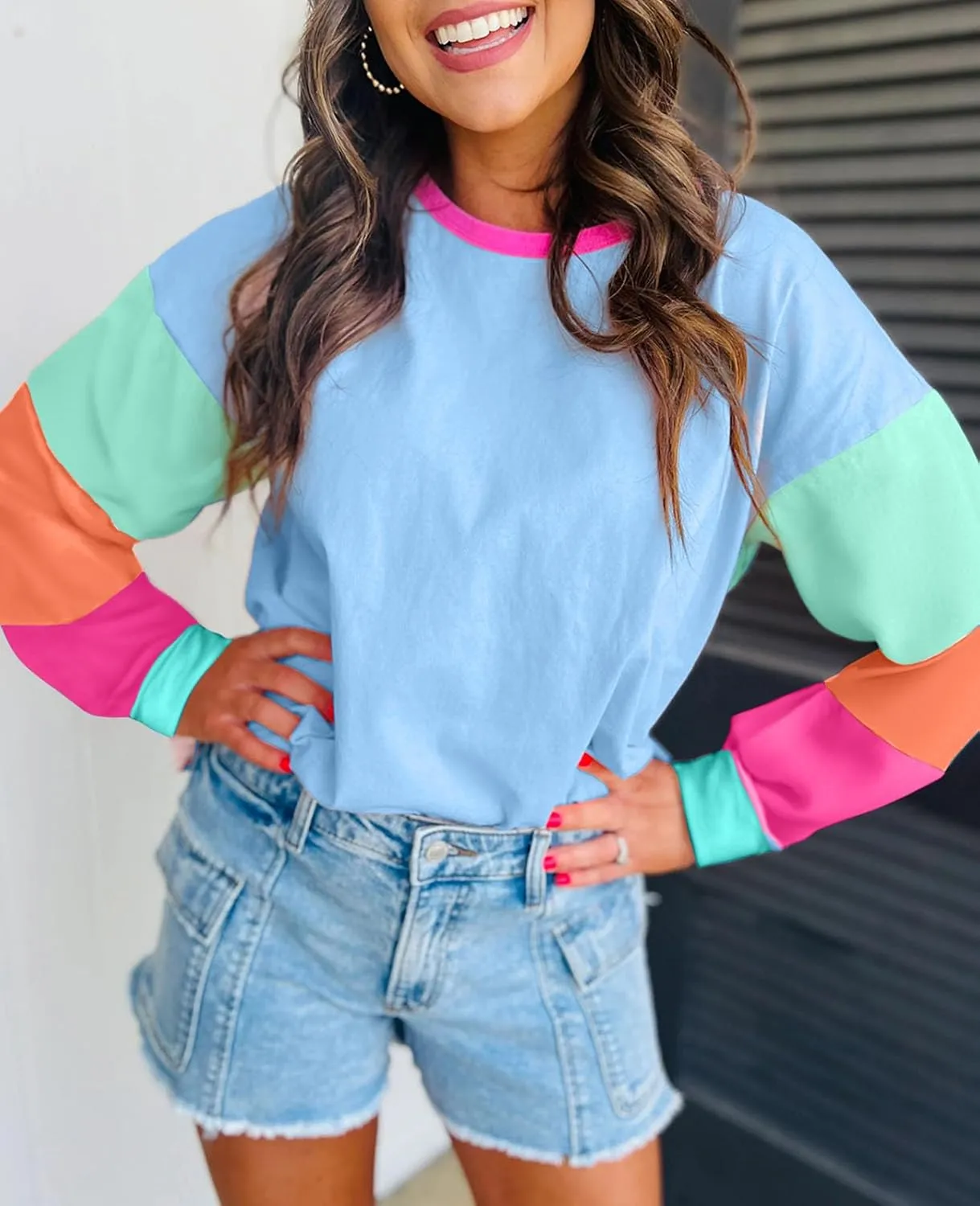 SELINK Womens Long Sleeve T Shirts Loose Fit Casual Fall Tops Trendy Colorblock Oversized Tshirts