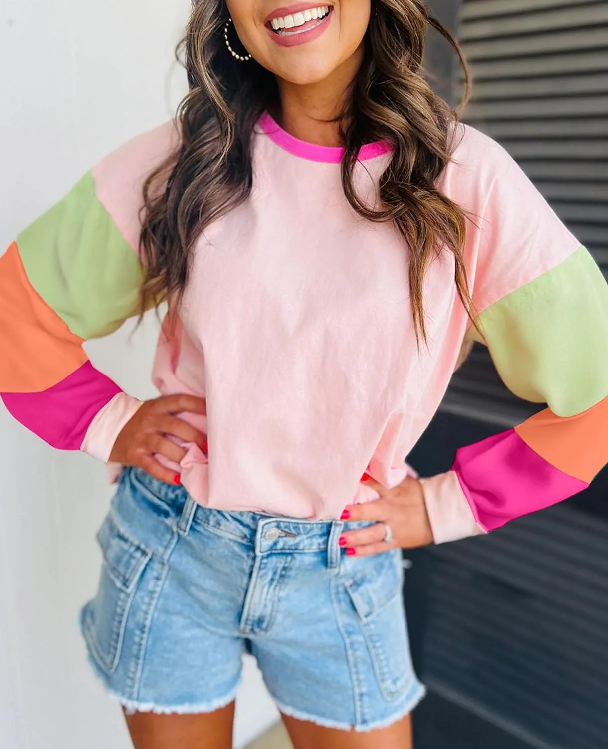 SELINK Womens Long Sleeve T Shirts Loose Fit Casual Fall Tops Trendy Colorblock Oversized Tshirts