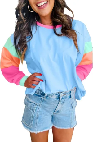 SELINK Womens Long Sleeve T Shirts Loose Fit Casual Fall Tops Trendy Colorblock Oversized Tshirts
