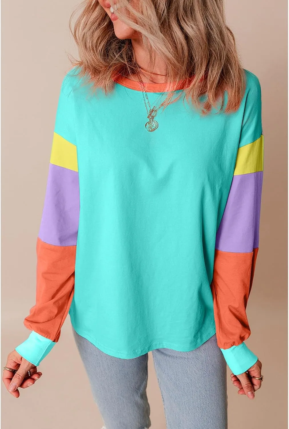 SELINK Womens Long Sleeve T Shirts Loose Fit Casual Fall Tops Trendy Colorblock Oversized Tshirts