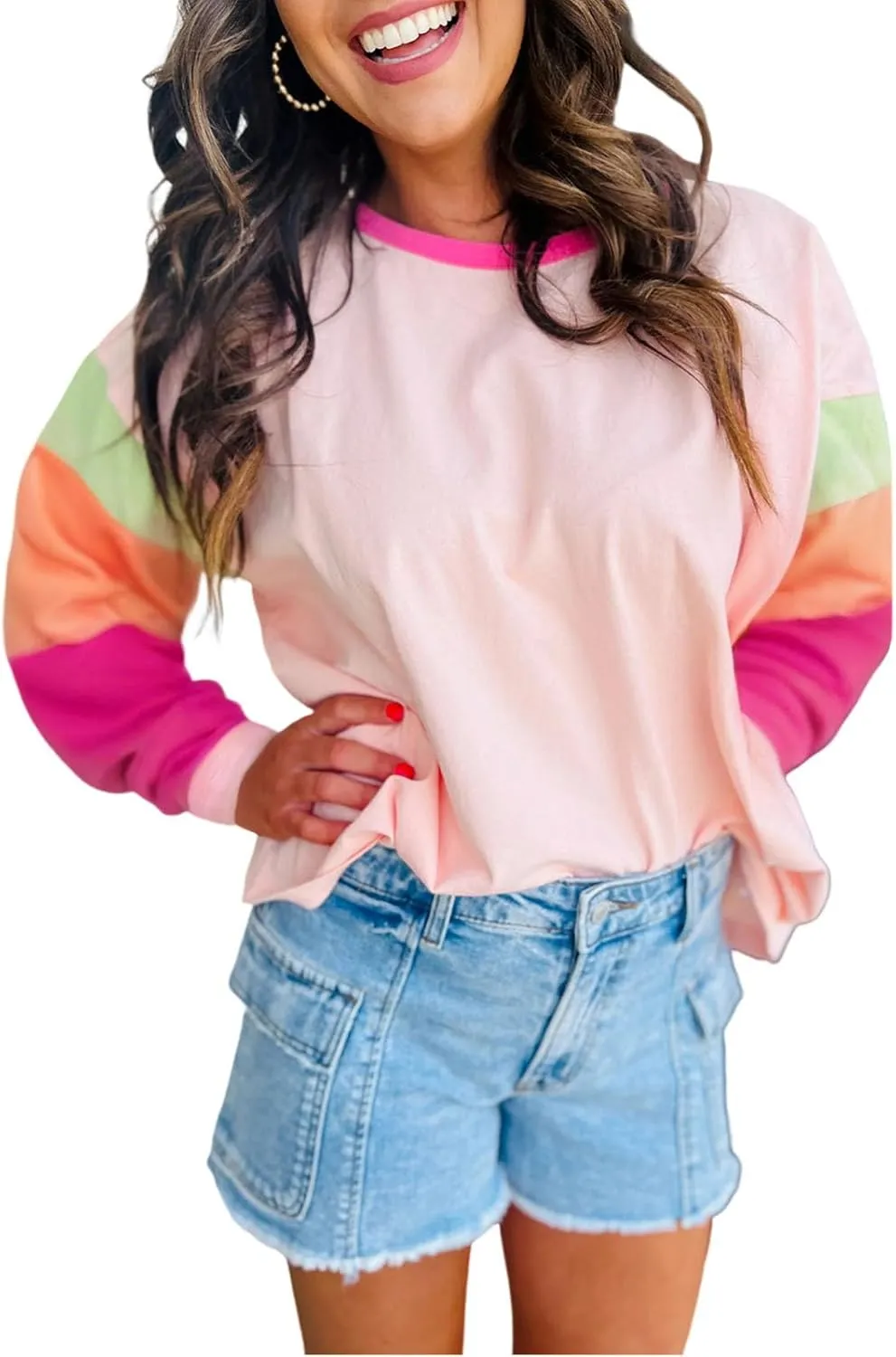 SELINK Womens Long Sleeve T Shirts Loose Fit Casual Fall Tops Trendy Colorblock Oversized Tshirts