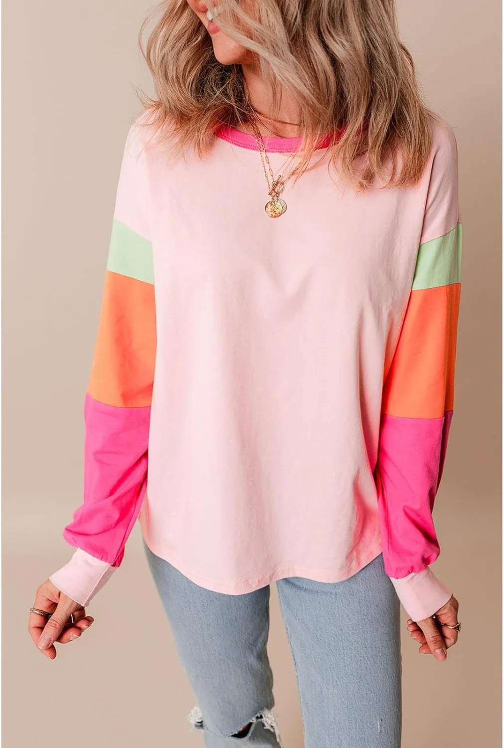 SELINK Womens Long Sleeve T Shirts Loose Fit Casual Fall Tops Trendy Colorblock Oversized Tshirts