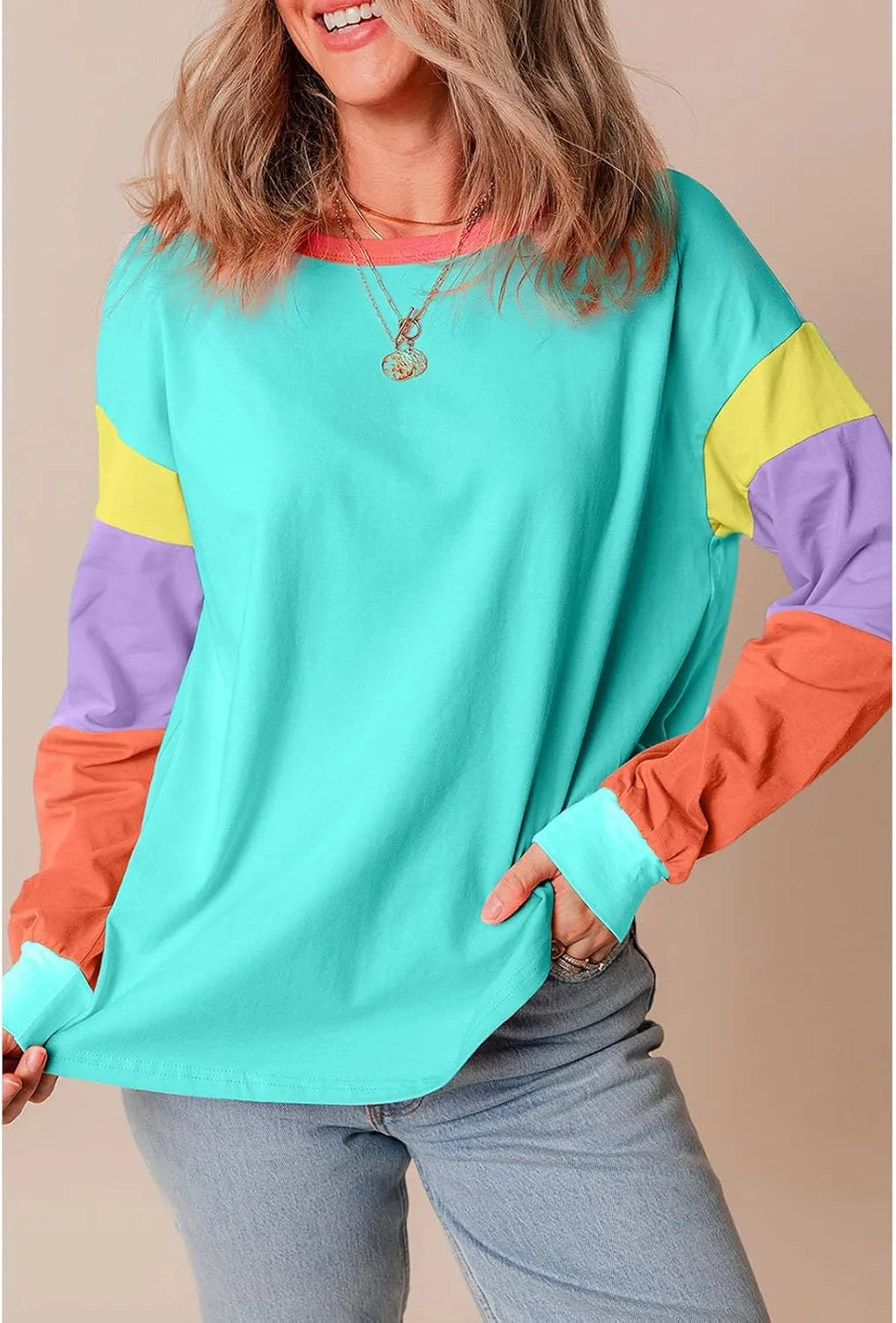SELINK Womens Long Sleeve T Shirts Loose Fit Casual Fall Tops Trendy Colorblock Oversized Tshirts