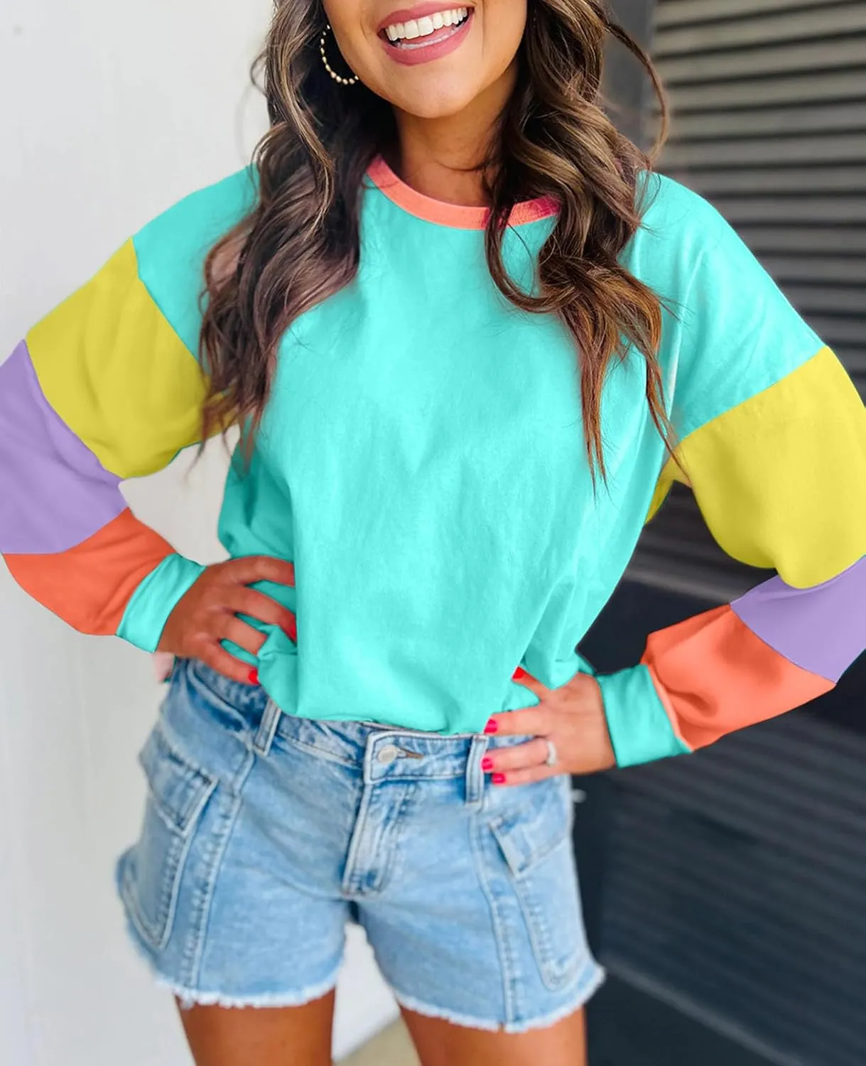 SELINK Womens Long Sleeve T Shirts Loose Fit Casual Fall Tops Trendy Colorblock Oversized Tshirts