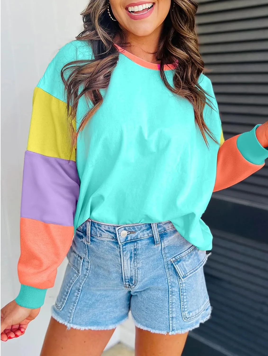 SELINK Womens Long Sleeve T Shirts Loose Fit Casual Fall Tops Trendy Colorblock Oversized Tshirts