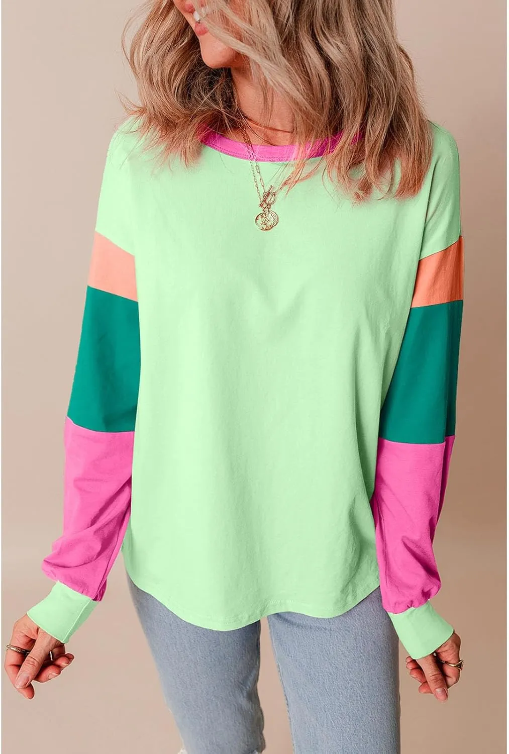 SELINK Womens Long Sleeve T Shirts Loose Fit Casual Fall Tops Trendy Colorblock Oversized Tshirts