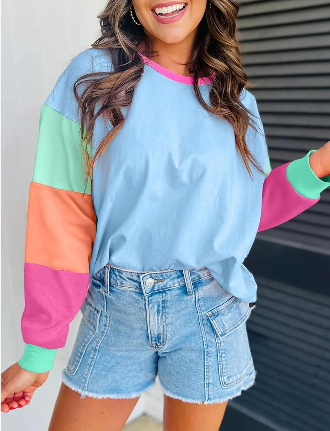 SELINK Womens Long Sleeve T Shirts Loose Fit Casual Fall Tops Trendy Colorblock Oversized Tshirts