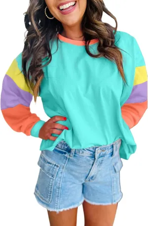 SELINK Womens Long Sleeve T Shirts Loose Fit Casual Fall Tops Trendy Colorblock Oversized Tshirts