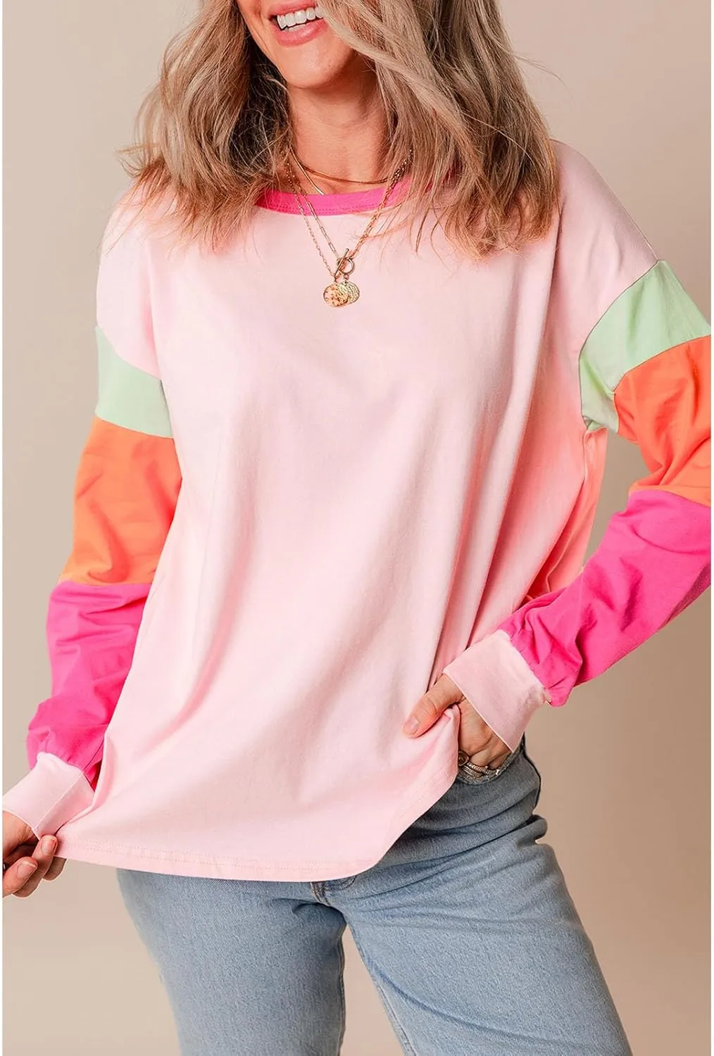 SELINK Womens Long Sleeve T Shirts Loose Fit Casual Fall Tops Trendy Colorblock Oversized Tshirts