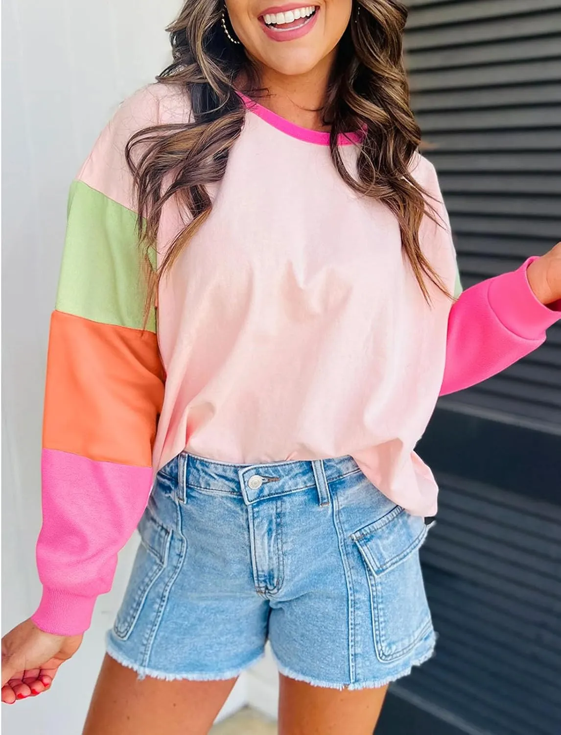 SELINK Womens Long Sleeve T Shirts Loose Fit Casual Fall Tops Trendy Colorblock Oversized Tshirts