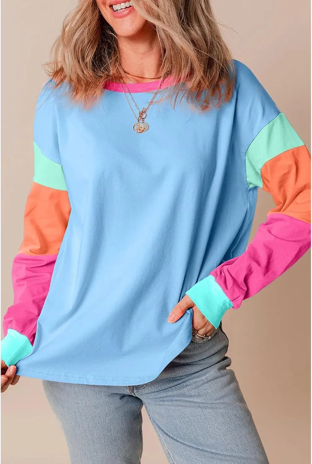 SELINK Womens Long Sleeve T Shirts Loose Fit Casual Fall Tops Trendy Colorblock Oversized Tshirts