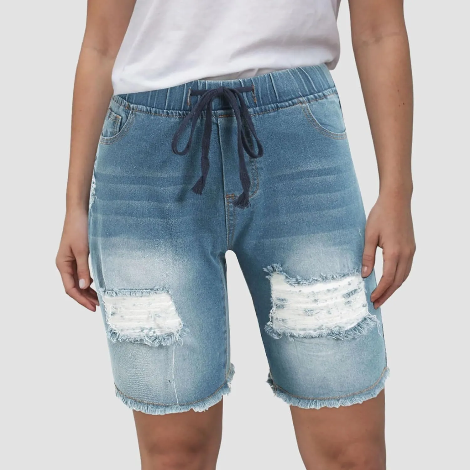 Shorts for Women Denim Drawstring High Waisted Ripped Jeans Shorts with Pockets Frayed Hem Streetwear Outdoor Short