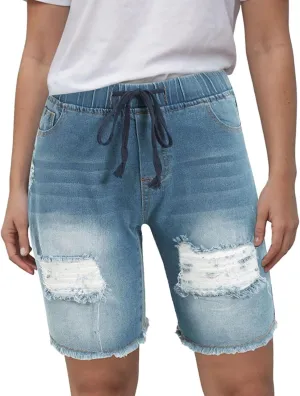 Shorts for Women Denim Drawstring High Waisted Ripped Jeans Shorts with Pockets Frayed Hem Streetwear Outdoor Short