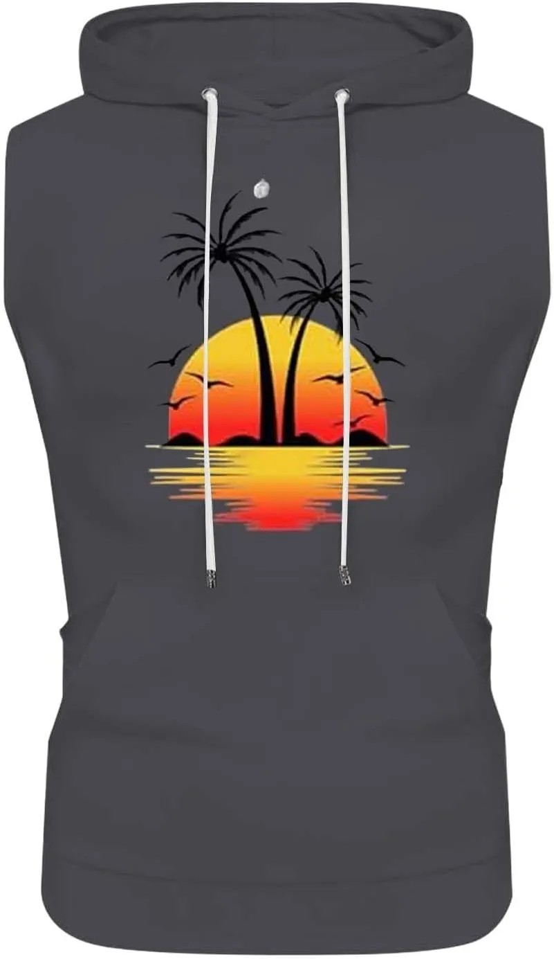 Sleeveless Hoodies for Men Palm Tree Print Hooded Tank Tops Summer Beach Muscle Shirts Causalhawaiian Gym Workout Tee