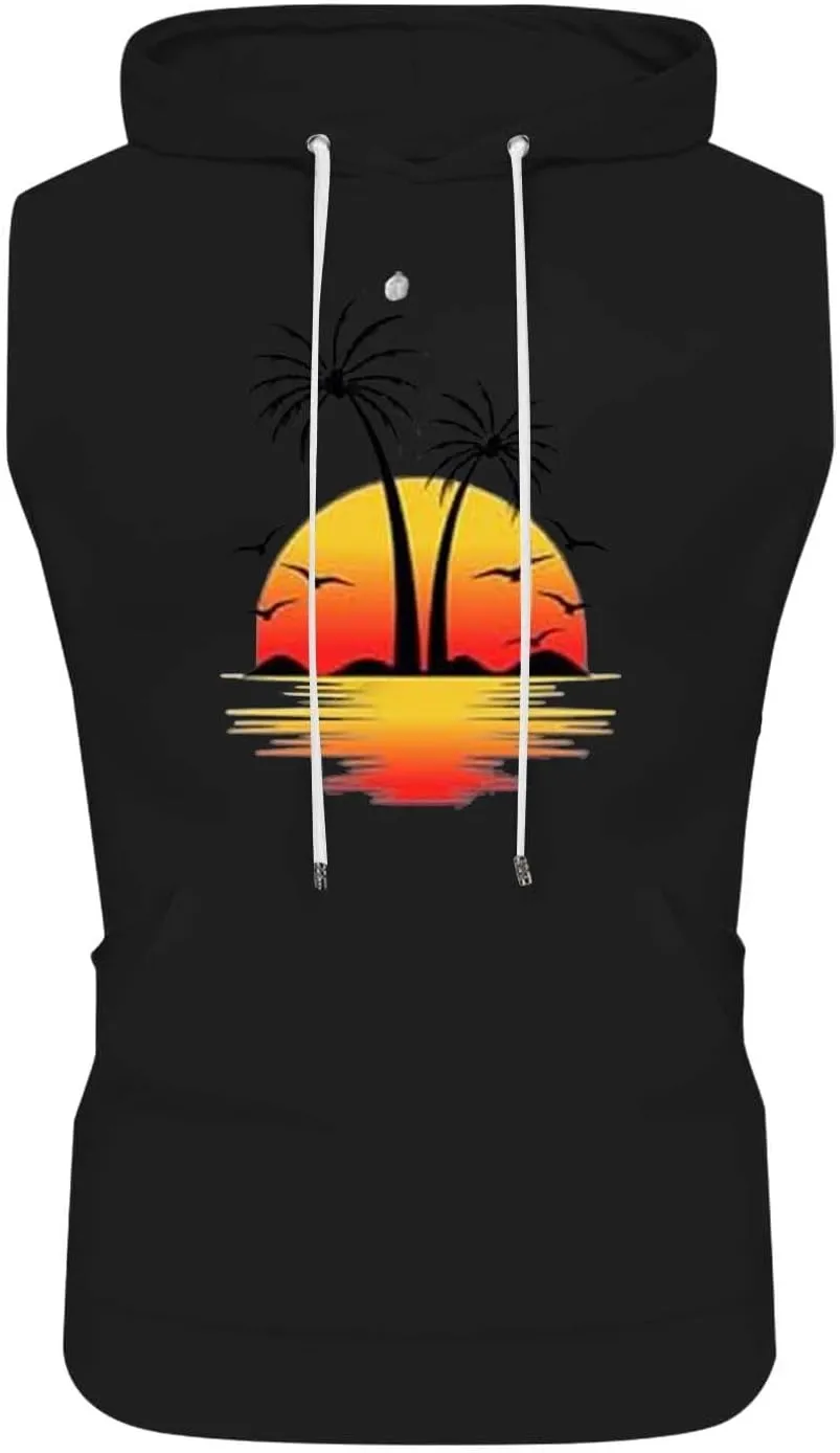 Sleeveless Hoodies for Men Palm Tree Print Hooded Tank Tops Summer Beach Muscle Shirts Causalhawaiian Gym Workout Tee