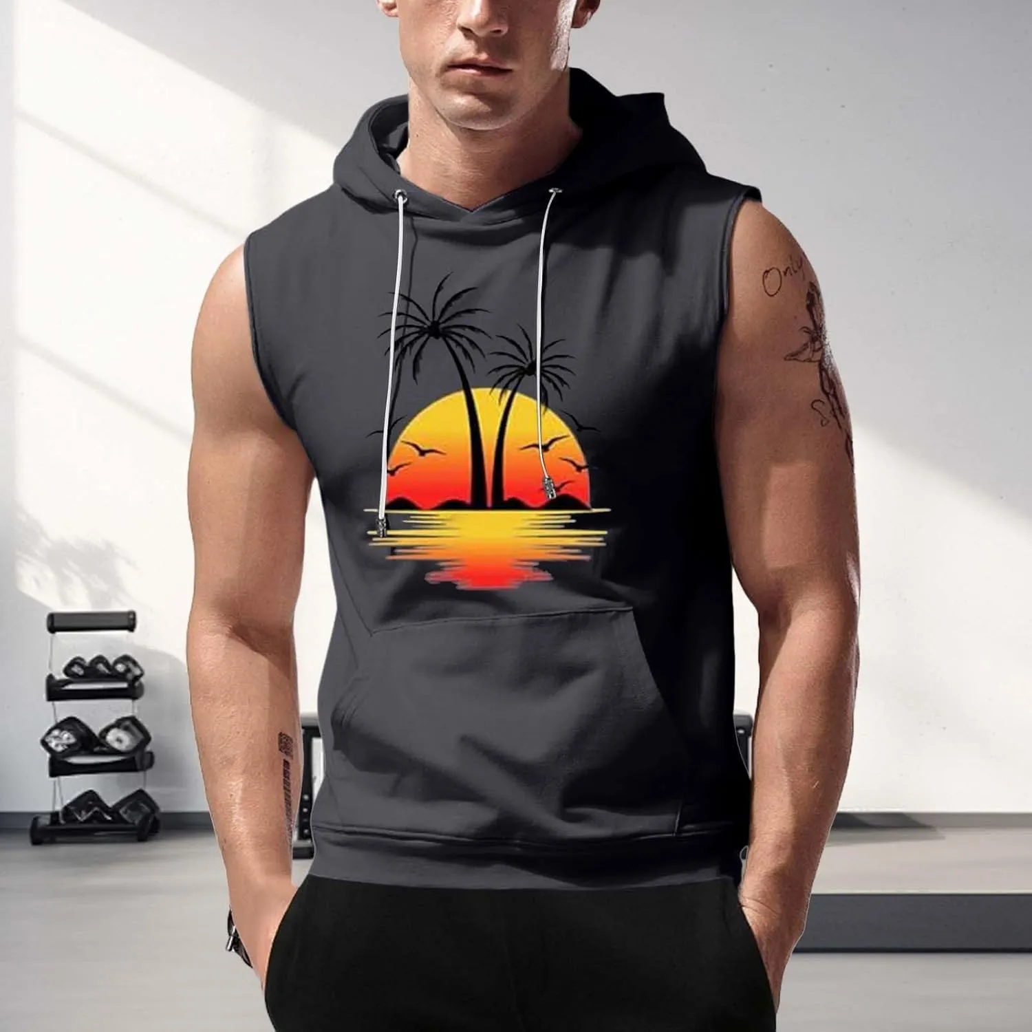 Sleeveless Hoodies for Men Palm Tree Print Hooded Tank Tops Summer Beach Muscle Shirts Causalhawaiian Gym Workout Tee