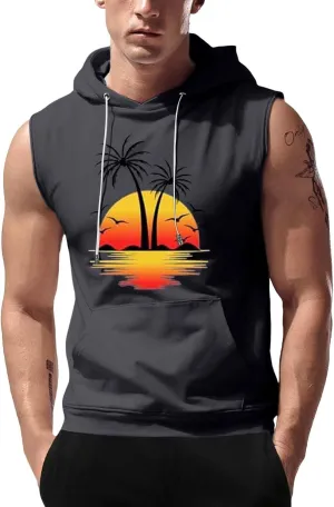 Sleeveless Hoodies for Men Palm Tree Print Hooded Tank Tops Summer Beach Muscle Shirts Causalhawaiian Gym Workout Tee