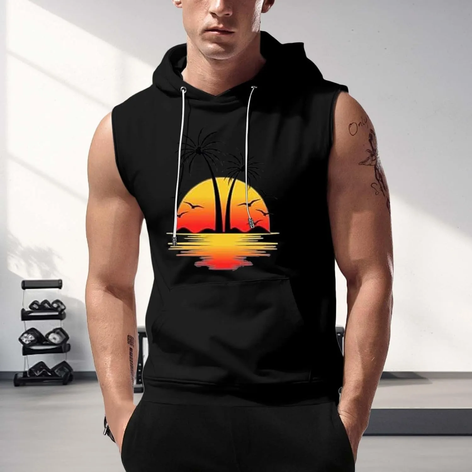 Sleeveless Hoodies for Men Palm Tree Print Hooded Tank Tops Summer Beach Muscle Shirts Causalhawaiian Gym Workout Tee