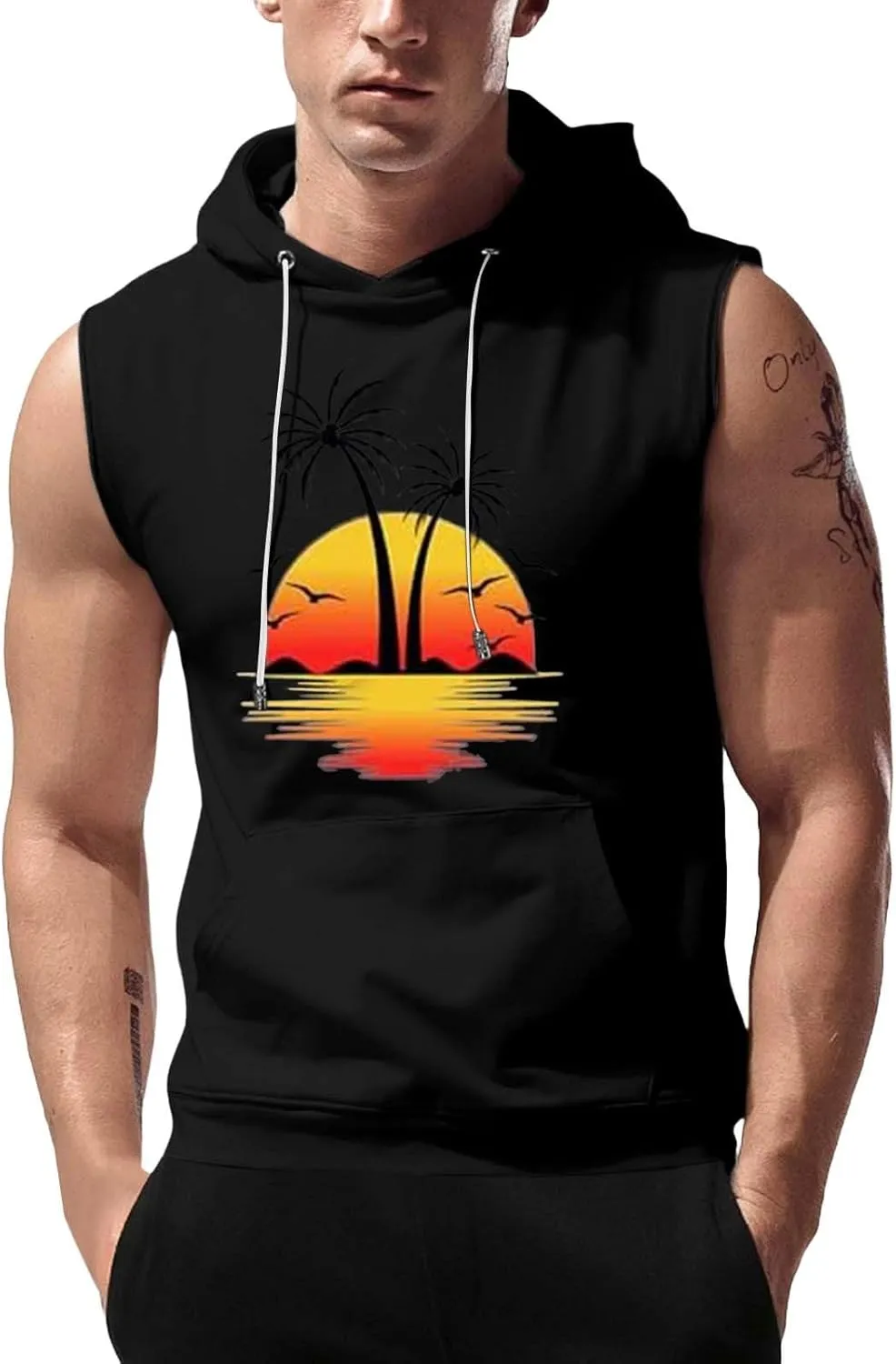 Sleeveless Hoodies for Men Palm Tree Print Hooded Tank Tops Summer Beach Muscle Shirts Causalhawaiian Gym Workout Tee