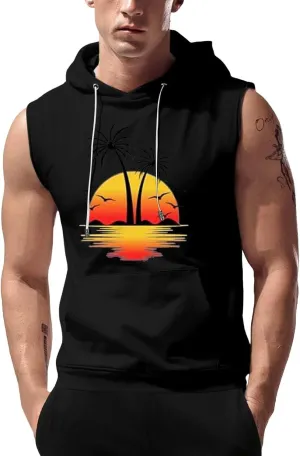 Sleeveless Hoodies for Men Palm Tree Print Hooded Tank Tops Summer Beach Muscle Shirts Causalhawaiian Gym Workout Tee