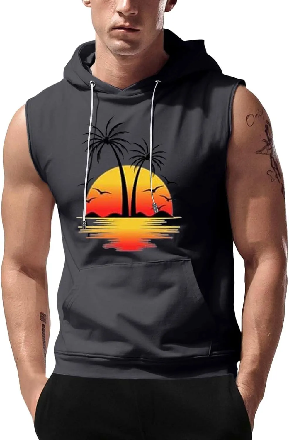 Sleeveless Hoodies for Men Palm Tree Print Hooded Tank Tops Summer Beach Muscle Shirts Causalhawaiian Gym Workout Tee