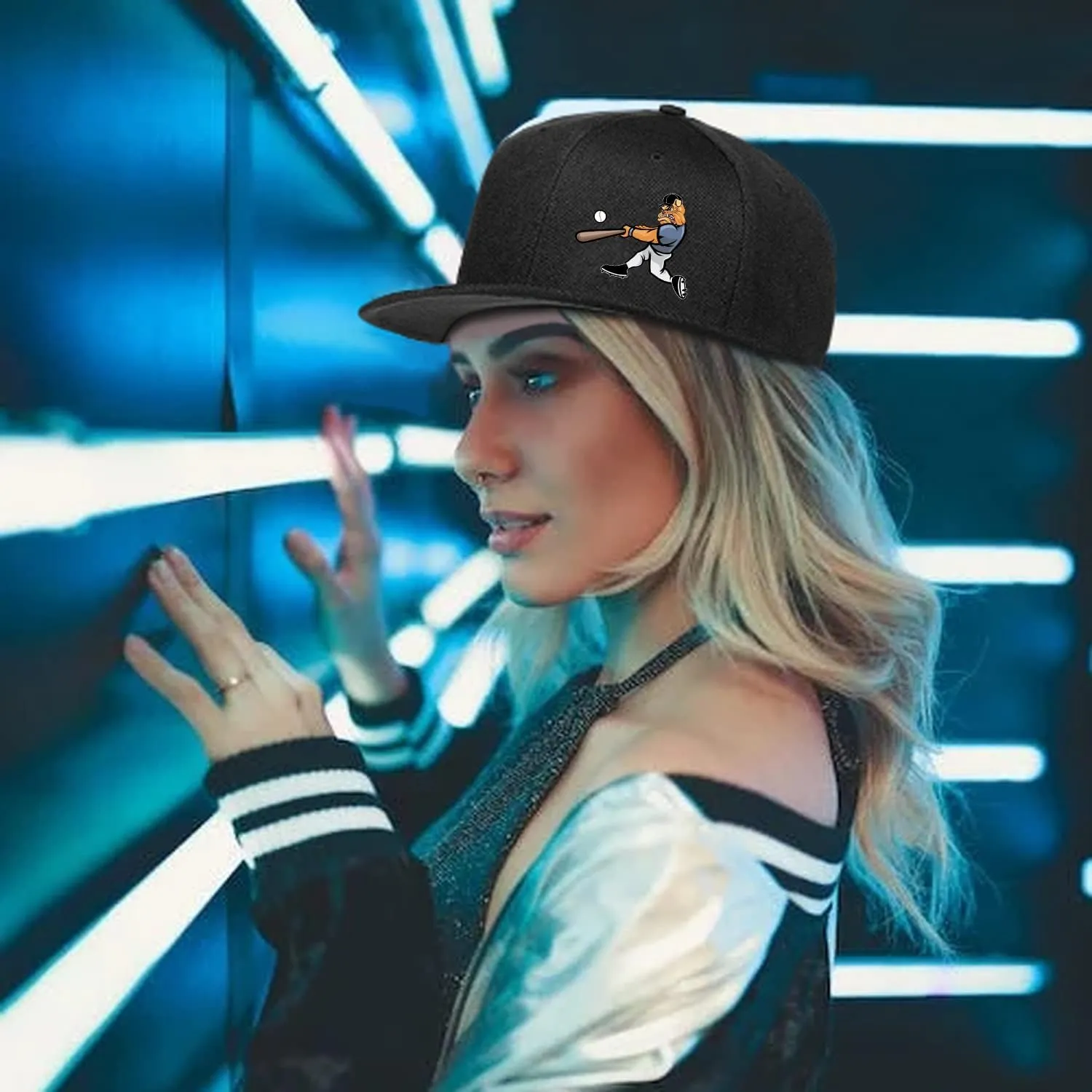 Snapback Hats for Men Flat Bill Brim Hats for Women Fitted Hat Skull Hats Cool Adults Baseball Cap Black Rock N Roll Caps