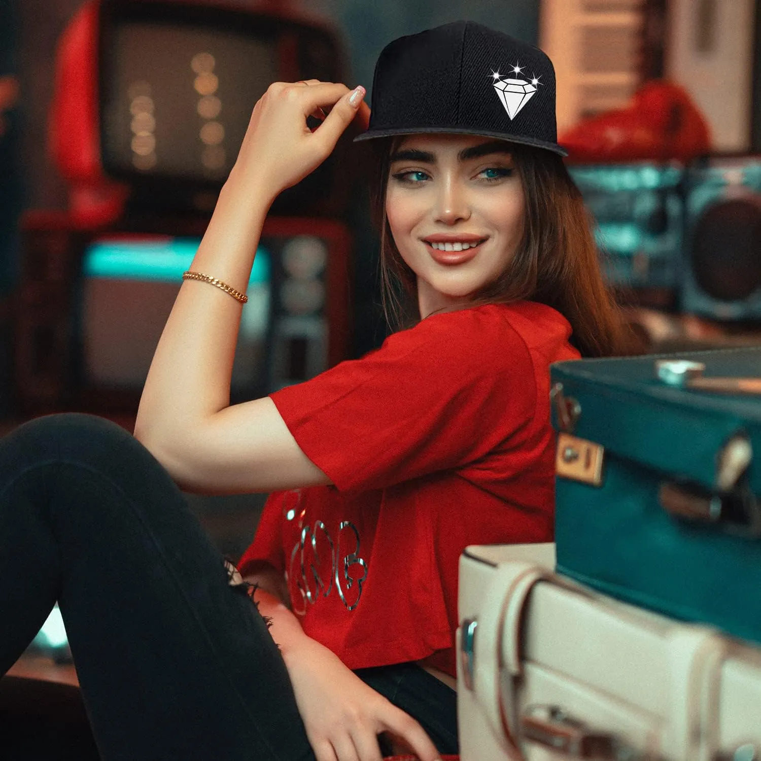 Snapback Hats for Men Flat Bill Brim Hats for Women Fitted Hat Skull Hats Cool Adults Baseball Cap Black Rock N Roll Caps