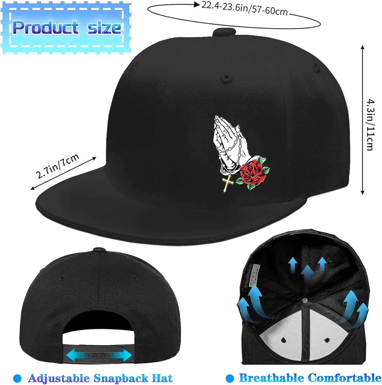 Snapback Hats for Men Flat Bill Brim Hats Skeleton Skull Hat Fitted Hat Adjustable Baseball Hat Black Cool Hat Men