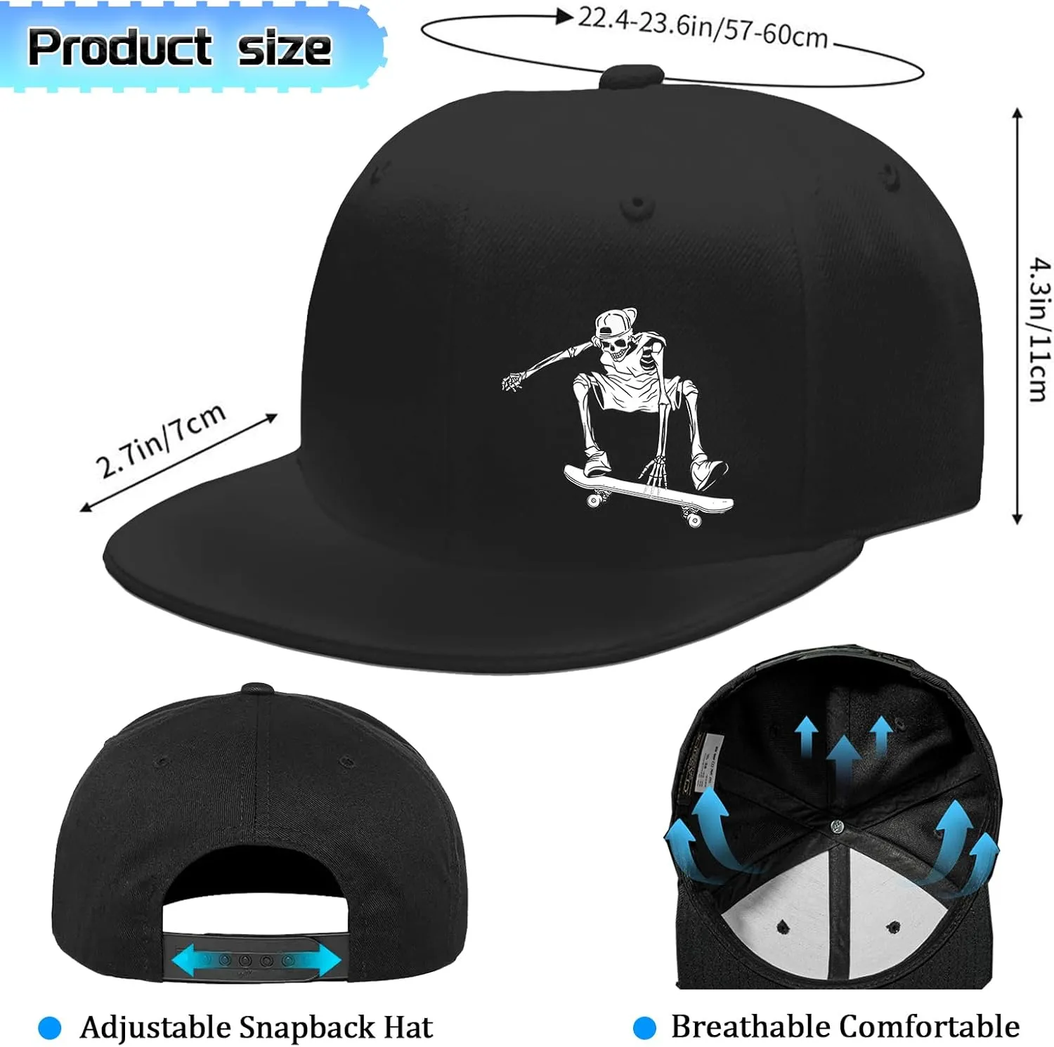 Snapback Hats for Men Flat Bill Brim Hats Skeleton Skull Hat Fitted Hat Adjustable Baseball Hat Black Cool Hat Men
