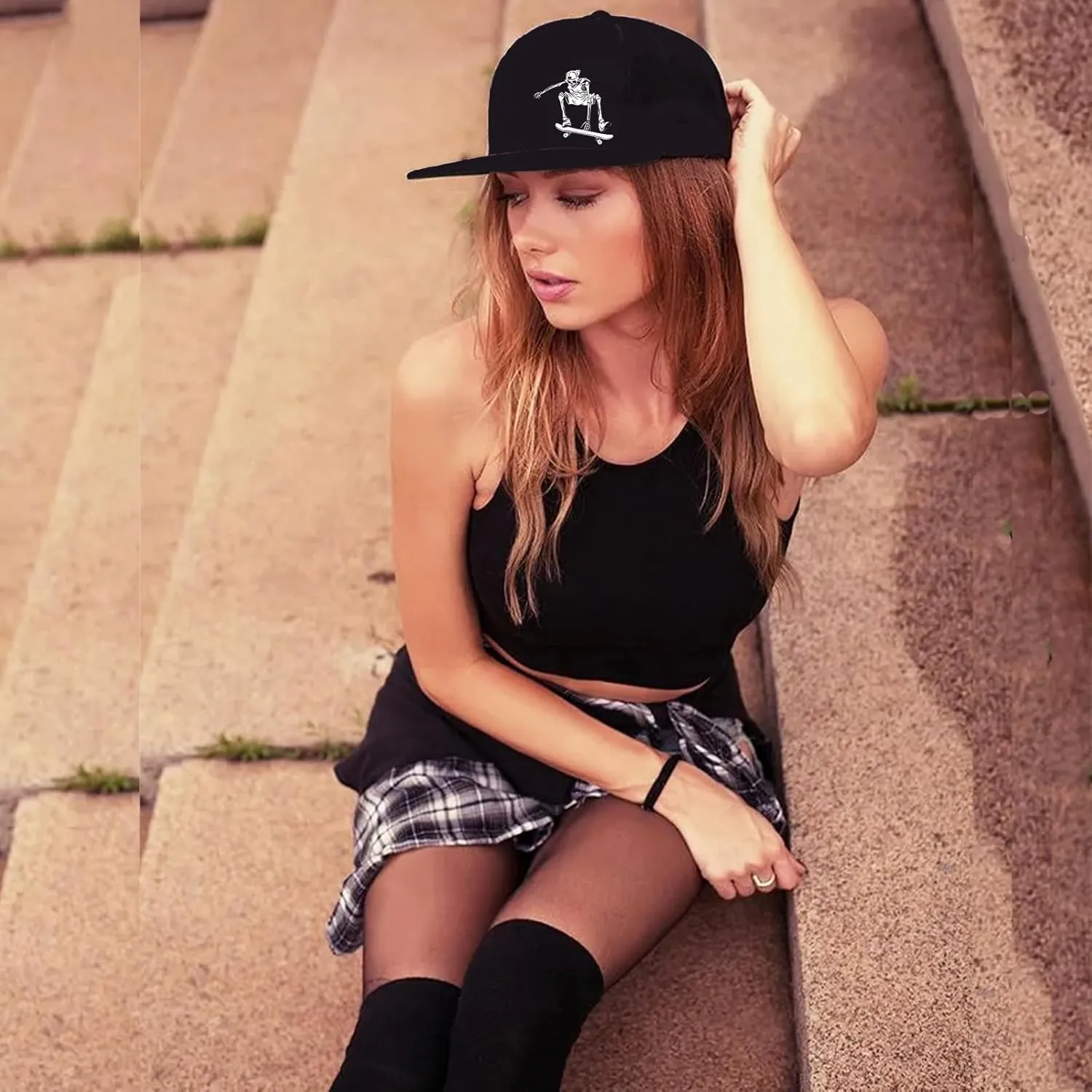 Snapback Hats for Men Flat Bill Brim Hats Skeleton Skull Hat Fitted Hat Adjustable Baseball Hat Black Cool Hat Men