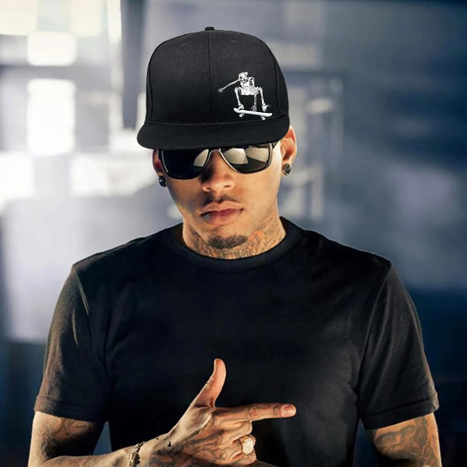 Snapback Hats for Men Flat Bill Brim Hats Skeleton Skull Hat Fitted Hat Adjustable Baseball Hat Black Cool Hat Men