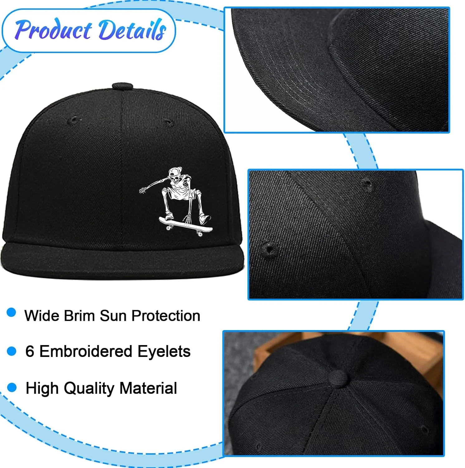 Snapback Hats for Men Flat Bill Brim Hats Skeleton Skull Hat Fitted Hat Adjustable Baseball Hat Black Cool Hat Men