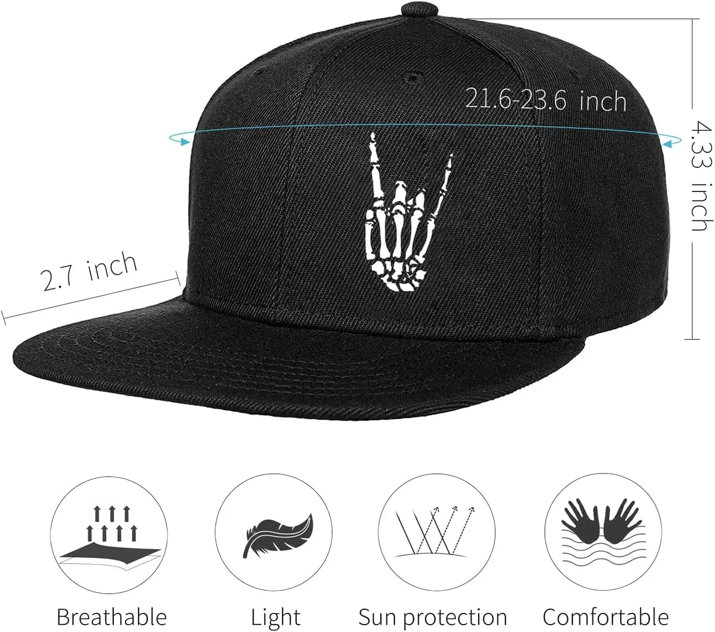Snapback Hats for Mens Skull Hat Flat Bill Gorras Planas para Hombres Black Snap Backpack Brim Baseball Cap