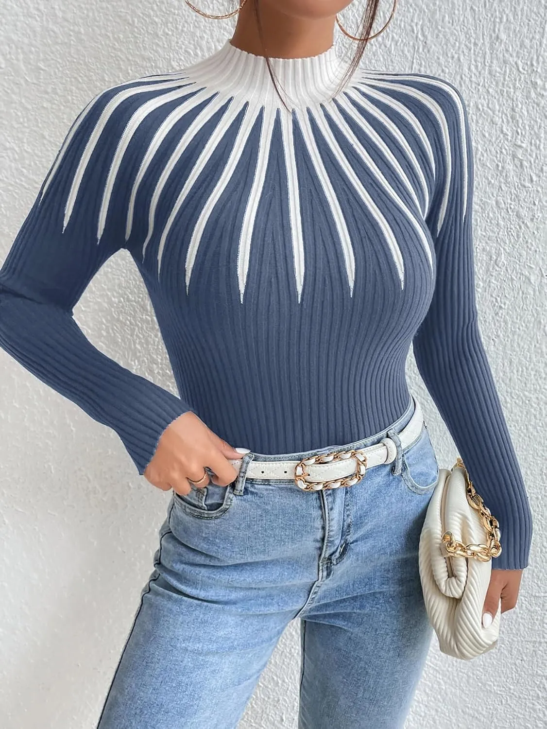 SOLY HUX Women's Color Block Mock Neck Sweater Long Sleeve Rib Knit Fitted Pullover Shirt Tops