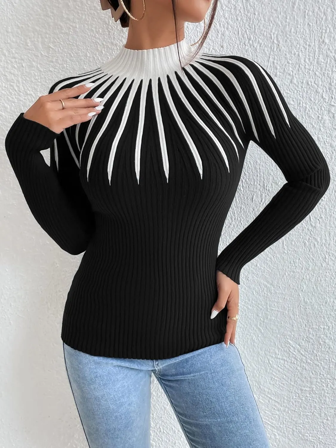 SOLY HUX Women's Color Block Mock Neck Sweater Long Sleeve Rib Knit Fitted Pullover Shirt Tops