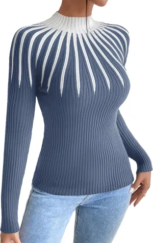 SOLY HUX Women's Color Block Mock Neck Sweater Long Sleeve Rib Knit Fitted Pullover Shirt Tops