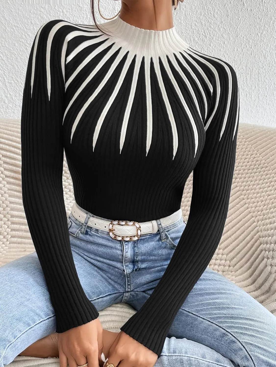SOLY HUX Women's Color Block Mock Neck Sweater Long Sleeve Rib Knit Fitted Pullover Shirt Tops